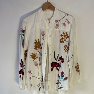 Anthropologie White Shirt with Multicolor Floral Embroidery